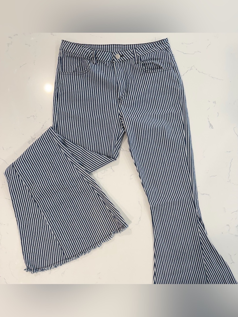 Altar’d State Women’s Blue White Striped Flare Jeans Bell Bottom Raw Hem Boho